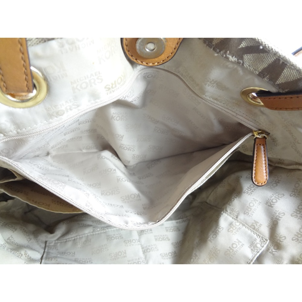 Michael Kors Beige Tan MK Monogram Canvas Tote Shoulder Bag Gold Hardware‎ - Picture 7 of 9